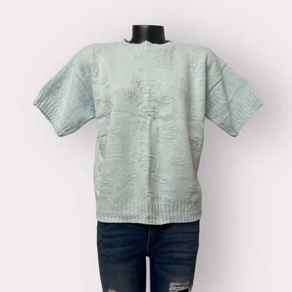 VTG 80s Fairy Kei NEW Short Sleeved Sweater USA Womens Floral sz PL Kawaii Blue - Picture 1 of 7